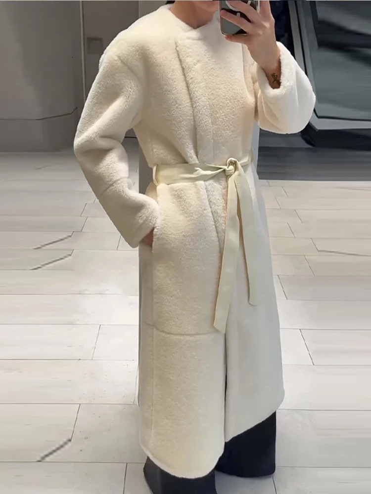Womens Cream Shearling Long Coat Belted Waist Oversized Full Sleeve Oneck Jacket Winter Casual Outings Daily Work Cold Weather 251216