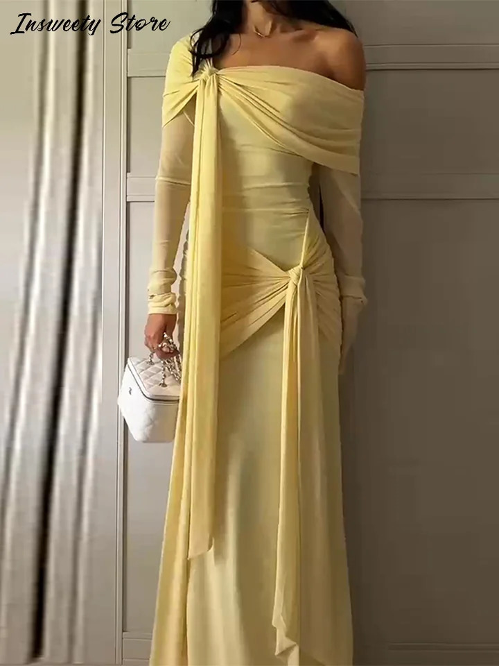 Elegant Solid Lace Up Dress Womens Off The Shoulder Long Sleeve Draped Dresses 2026 Spring Female Chic Party Robes 251225