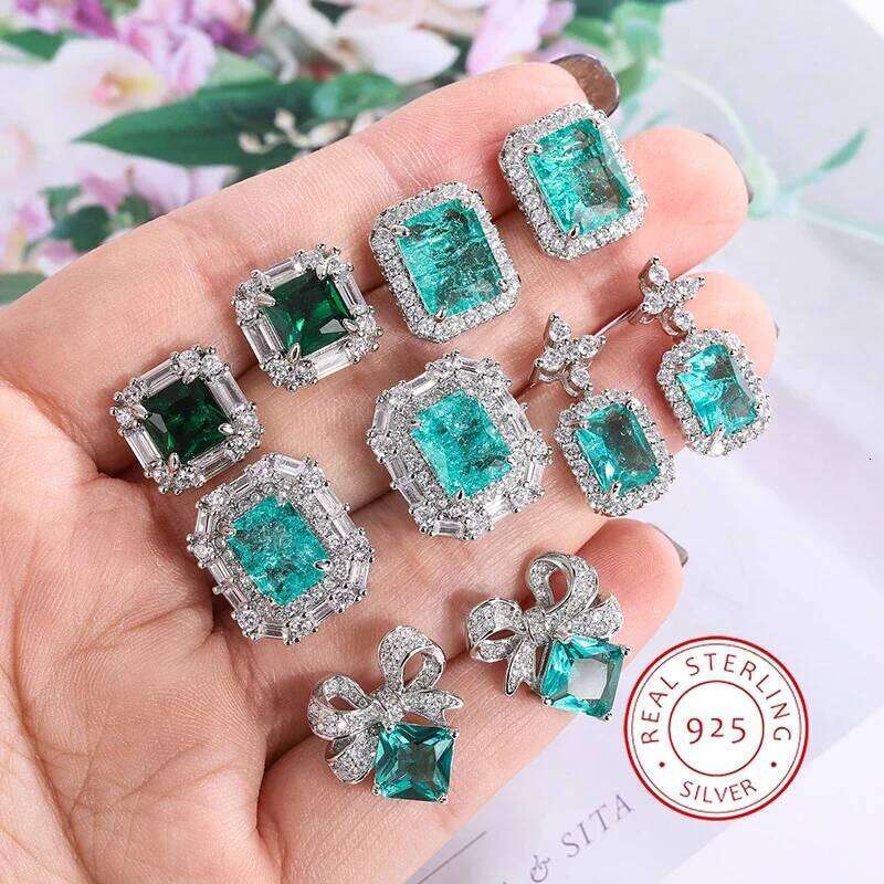 Beautiful 925 Sterling Silver for Women's Shiny Green AAAA Zircon Stylish Geometric Jewelry Party Earrings