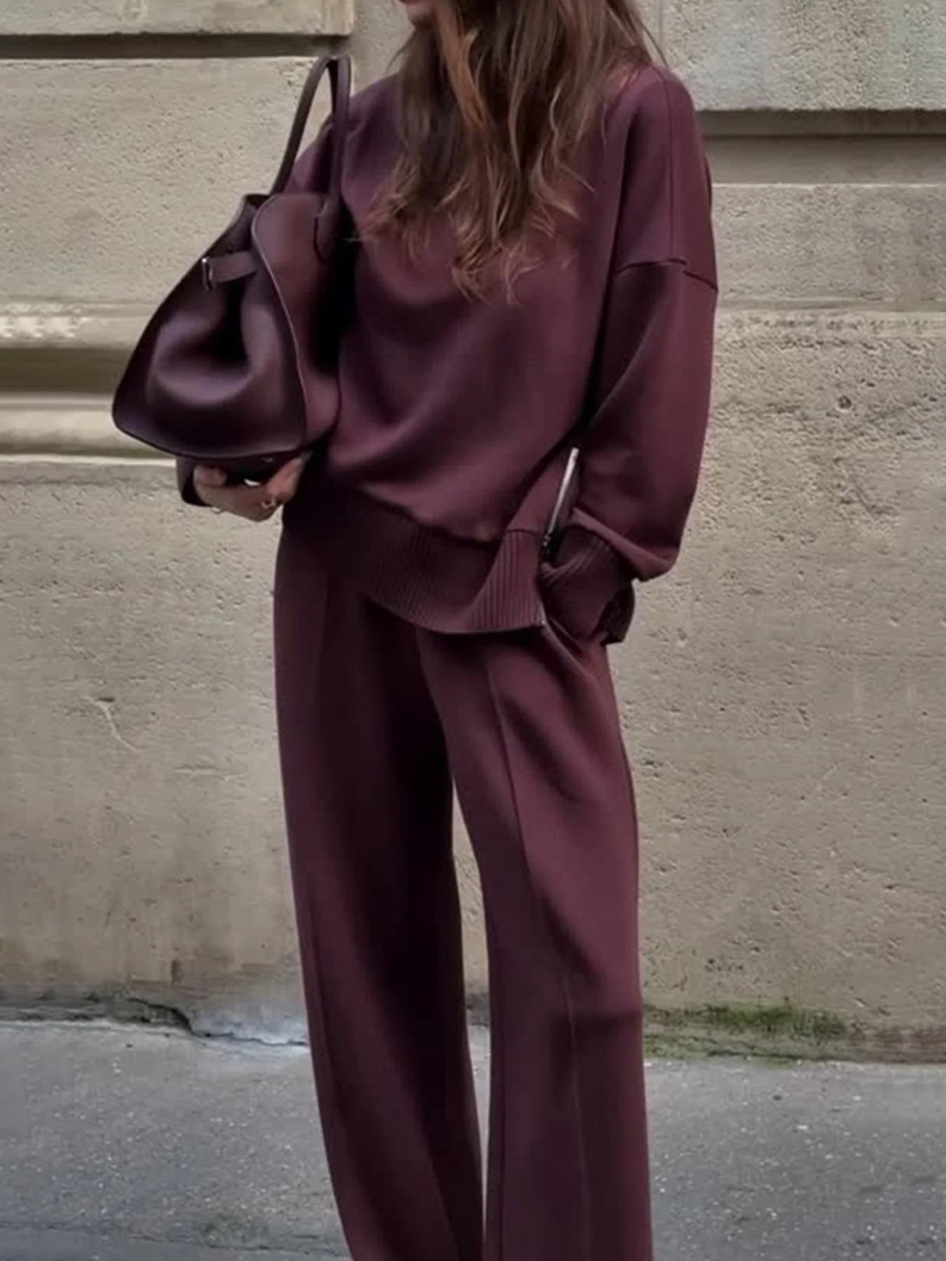 Womens Suede TwoPiece Set LongSleeved Slit Hoodie and WideLeg Pants Suitable for Autumn Winter Seasons 251225