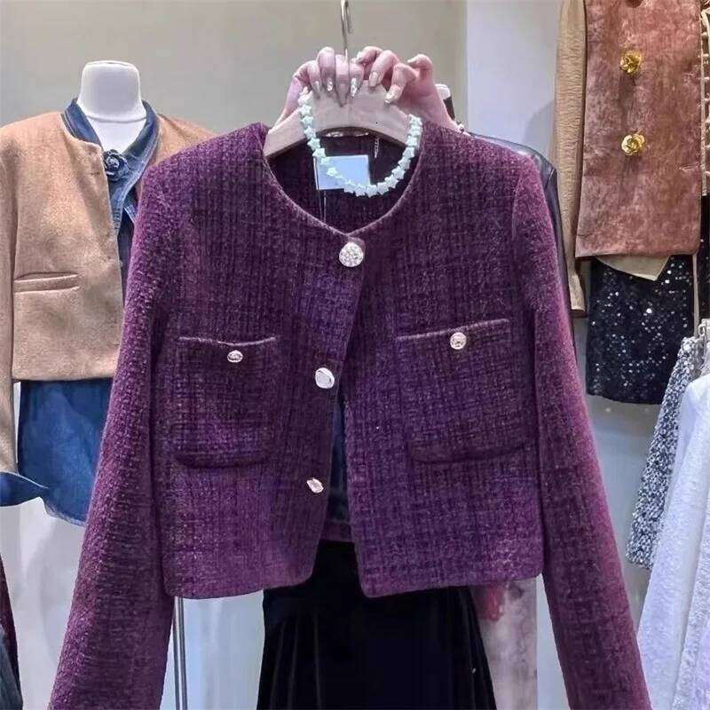 Purple Tweed Short Jacket Women's Coarse Woolen Coat Spring Autumn O-Neck Single-Breasted Streetwear Lady Outerwear
