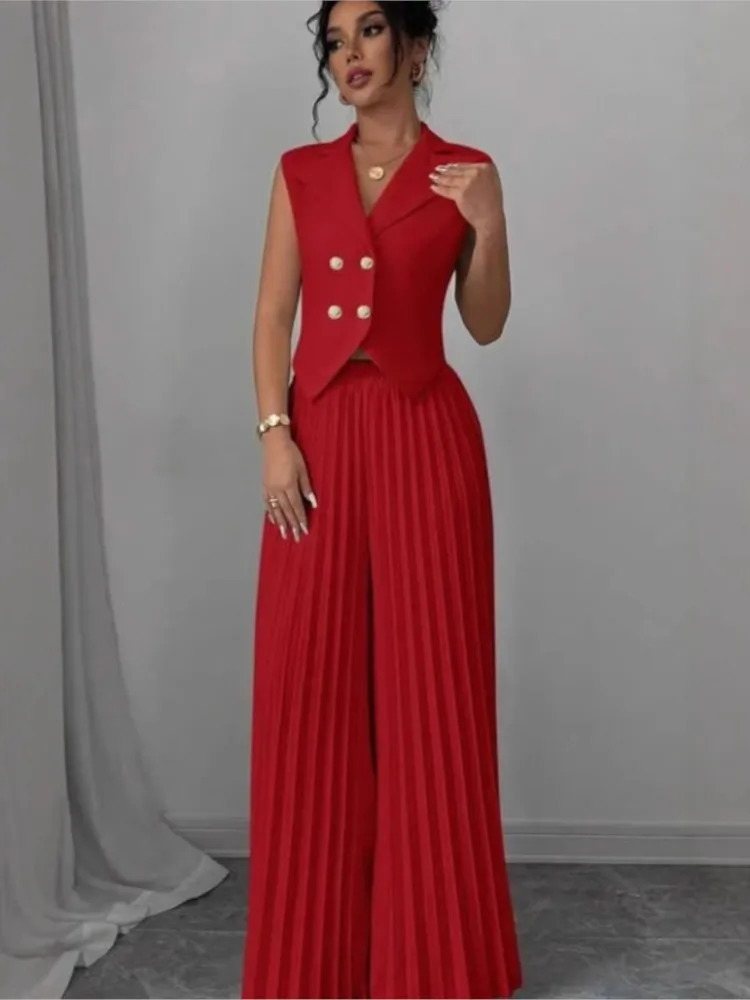 Women Fashion Solid Office Suit Casual Slim Button Two Piece Set Elegant Turn Down Collar Sleeveless BlazerPleat Pants Outfits 251225