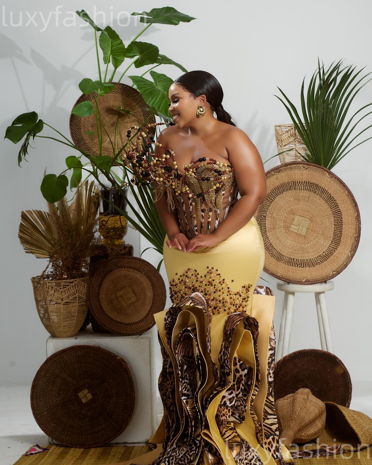 2026 Aso Ebi Gold Mermaid Prom Dresses Pearls Printed Satin Evening Formal Party Second Birthday Engagement Gowns Dress For Special Occasions