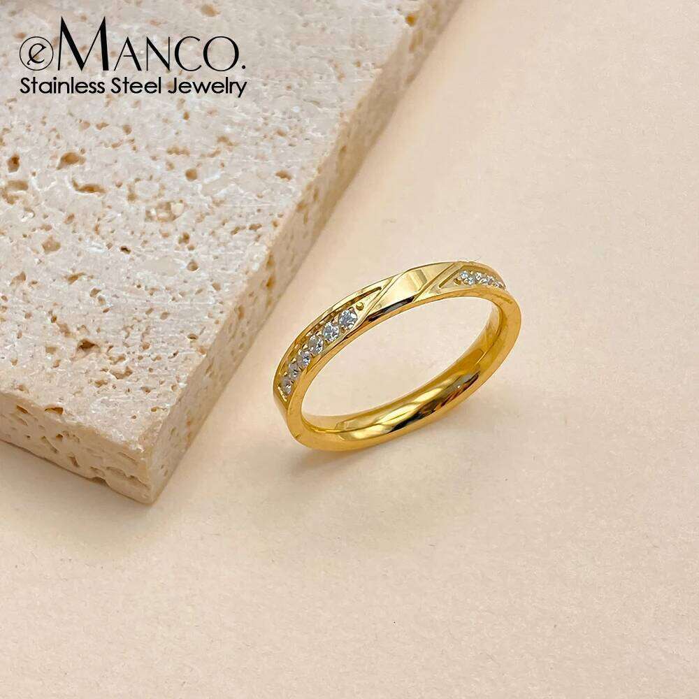 eManco 2025 Summer Popular Shiny Cubic Zirconia Round Thin Ring Minimalist Stainless Steel Premium Finger Exquisite Jewelry New