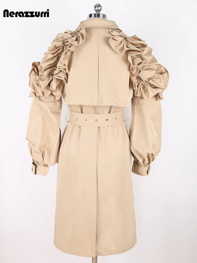 Nerazzurri Spring Autumn Runway Ruffled Khaki Long Trench Coat for Women Belt Elegant Chic Modest Clothes 2024 251231