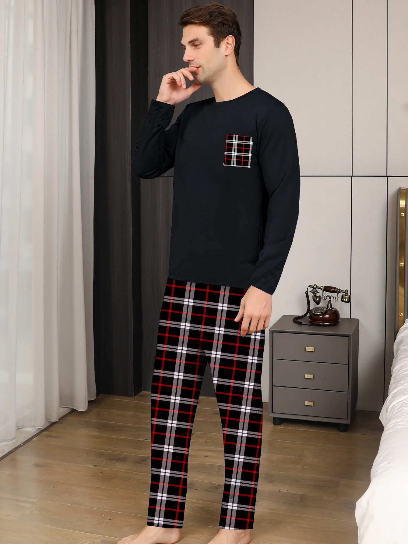 Two piece sets mens pajamas autumn and winter long sleeved pants checkered sleepwear set 251231