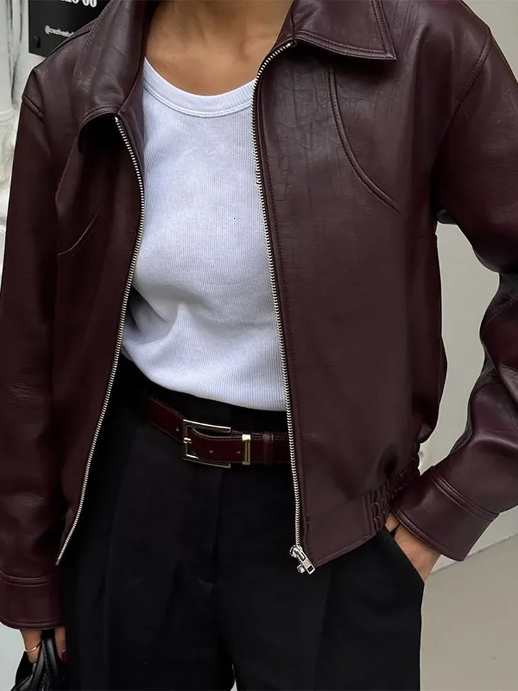 Ladies burgundy PU leather short jacket fashionable autumn lapel zipper high street loose 251225