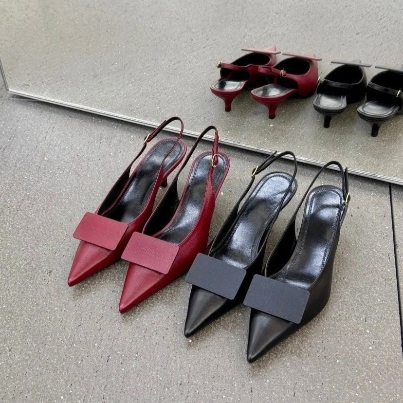 Kitten Heel Slingback Pumps Luxury designer women pointed toe leather high heel shoes Classic elegant ladies genuine leather slip on evening shoes Factory footwear