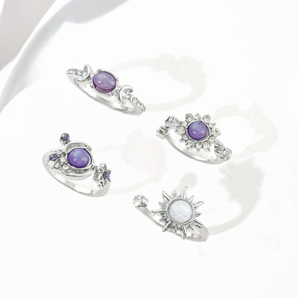 Fashion Ring INS Gemstone Sun Moon Inlaid Diamond Geometric Purple Rings Set for Women