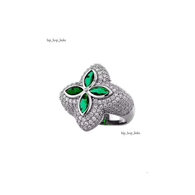 VVS Moissanite Micro Inlay Iced Out Shiny Dazzling Fashion Hiphop Brass & Gold Plated Eye-catching Green Flower Ring