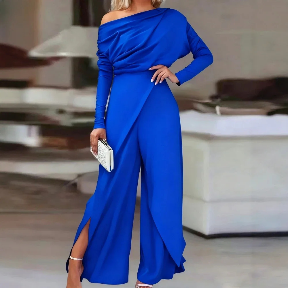 Womens Wide Leg Jumpsuits 2025 Elegant Long Sleeve Overalls Woman OneShoulder Neckline Full Length Pants Office Wear 251226