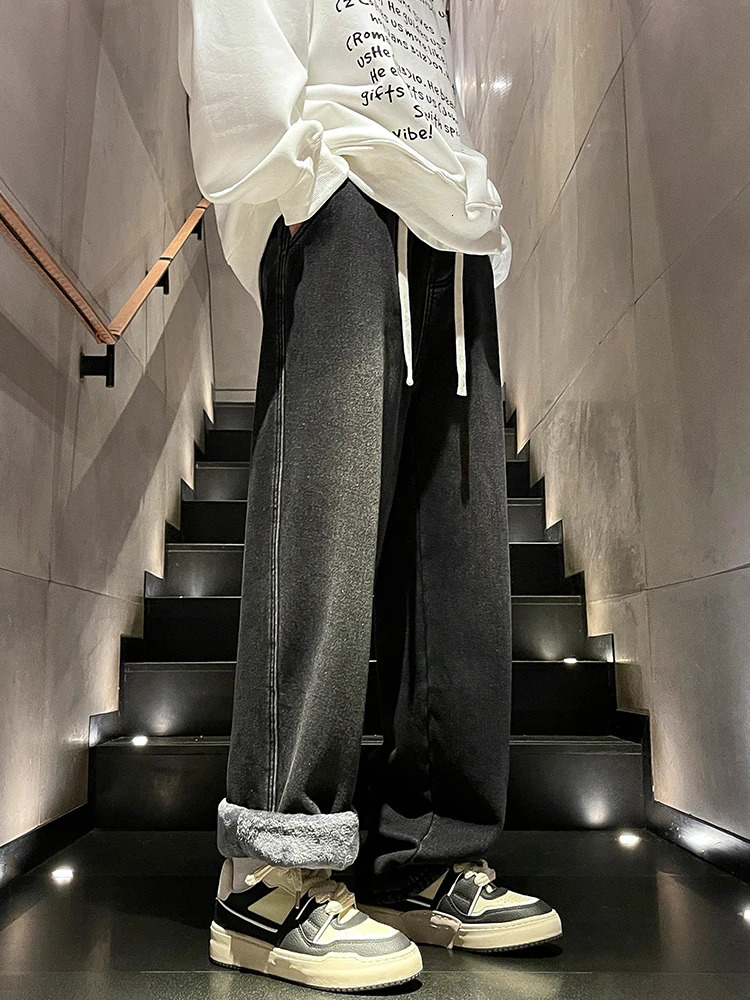 Mens Winter Jeans FleeceLined Brushed Thick Warm Denim Pants Korean Style Straight Fit Insulated Trousers Asians Size M3XL 251226