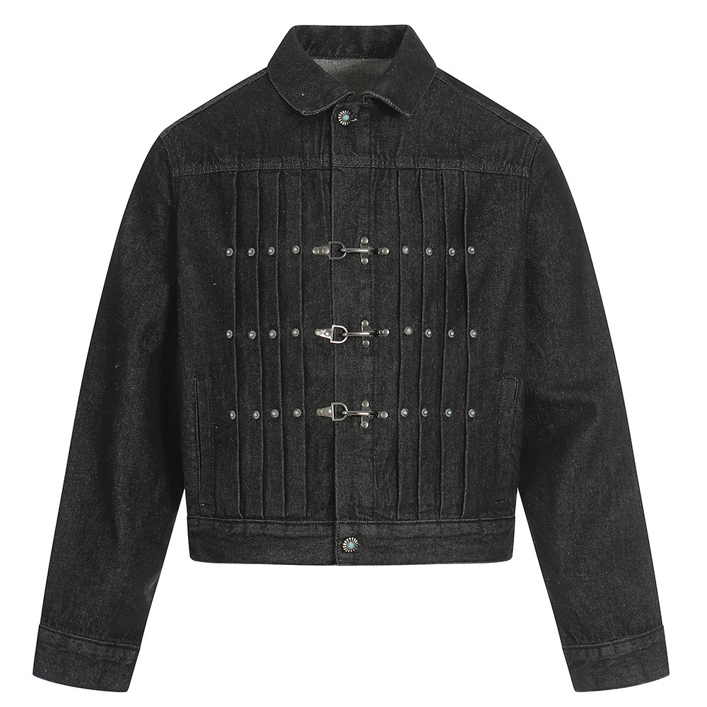 Men Vintage Denim Jacket Plane Buckle Turquoise Button Coat Casual American Retro Streetwear Black Top Outerwear 251230