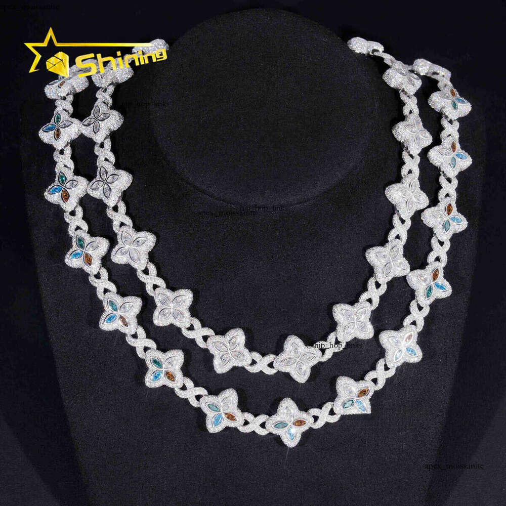 Rapper Hip Hop Jewelry Iced Out Necklace 925 Silver Colored Four Leaf Clover VVS Moissanite Cuban Link Chain