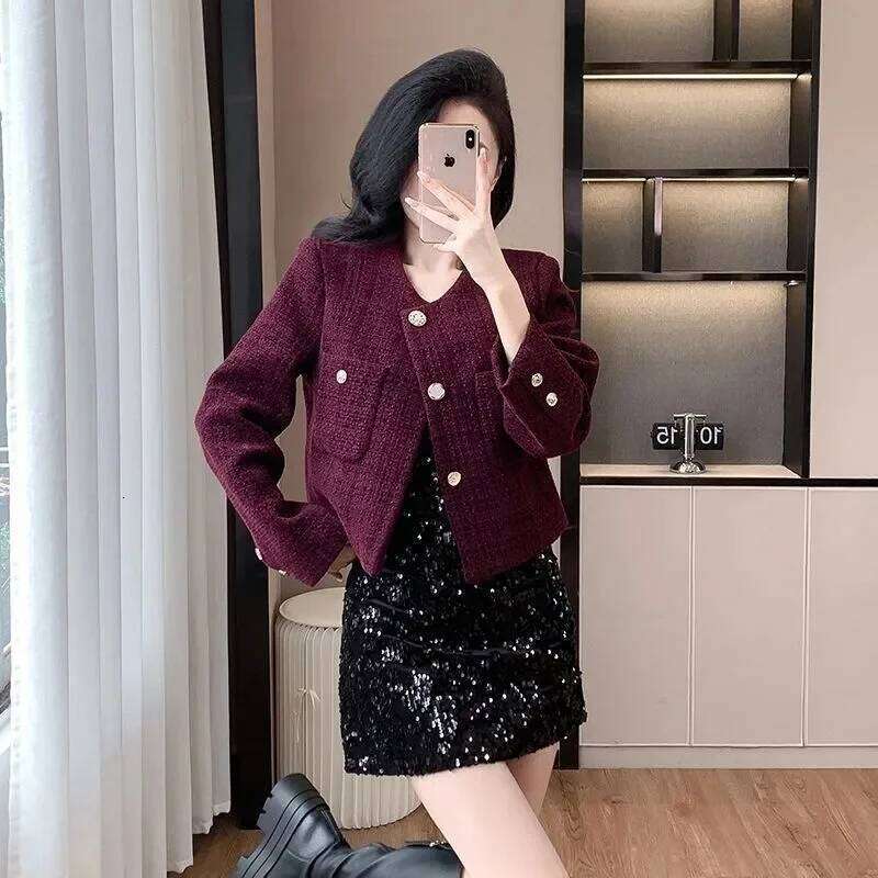 Purple Tweed Short Jacket Women's Coarse Woolen Coat Spring Autumn O-Neck Single-Breasted Streetwear Lady Outerwear