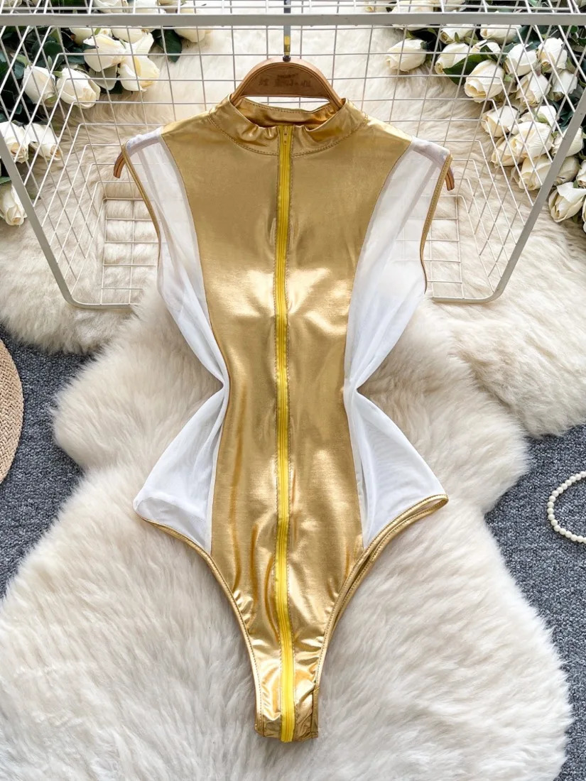 Foamlina Womens Metallic Mesh Bodysuit Mock Neck Leotard Bodycon Seductive Clubwear Sexy Top Rompers Jupsuit 251231