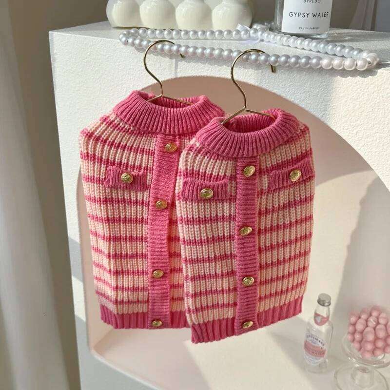 Autumn and Winter Thick Warm Sweater Teddy Pet Clothes Pink Striped Party Photograph Outdoor Dog Walking Outfit 26L0104
