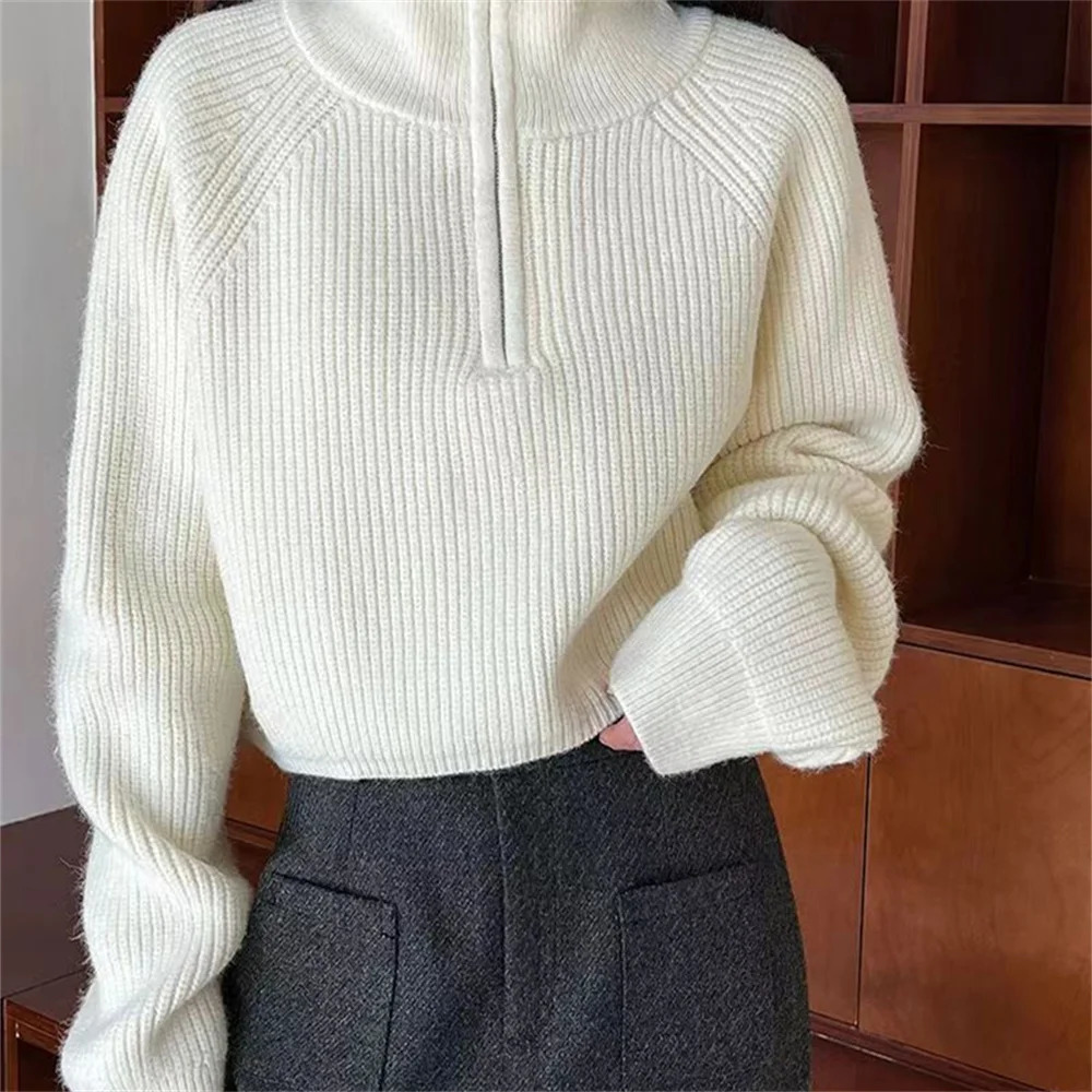 2026 Sweater Pullover Women Autumn Winter Korean Zipper Loose Style Sweater Female Tops Solid Color Pullovers 251224