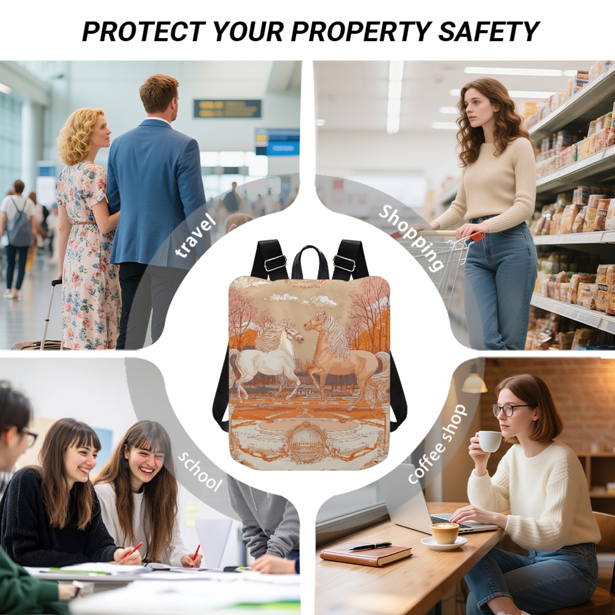 Custom H Designer Fashion Anti Theft Backpack Luxury Horse Pattern Unisex Full Print Backpack Laptop Bag Travel Bag H58