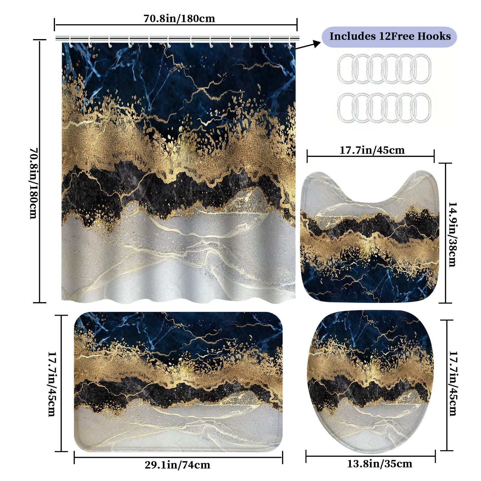 YL-38085 High-Definition Digital Printed Shower Curtain Set (4 Pieces), Waterproof, Drill-Free Bathroom Partition Curtain, Marble