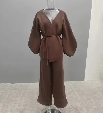 LANMREM Womens Knit 2 Piece Set Lace-up Gathered Wast Cardigan Coats High Waist Wide Leg Pants 2025 Winter 26C1023 251226