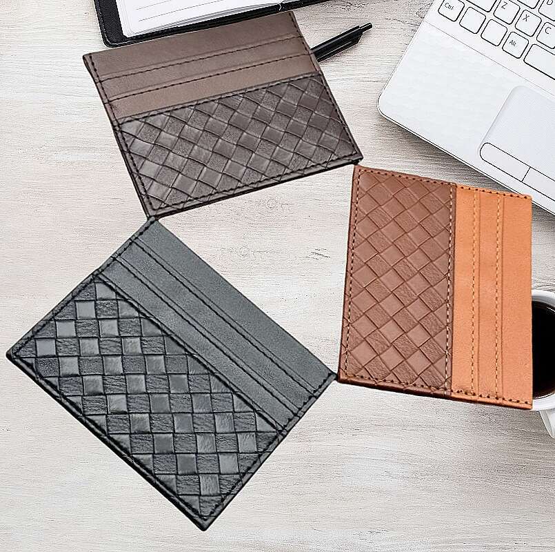 Ins Style Korean Woven Genuine Leather Business Case Storage Sleeve ID Holder Quilted Credit Card