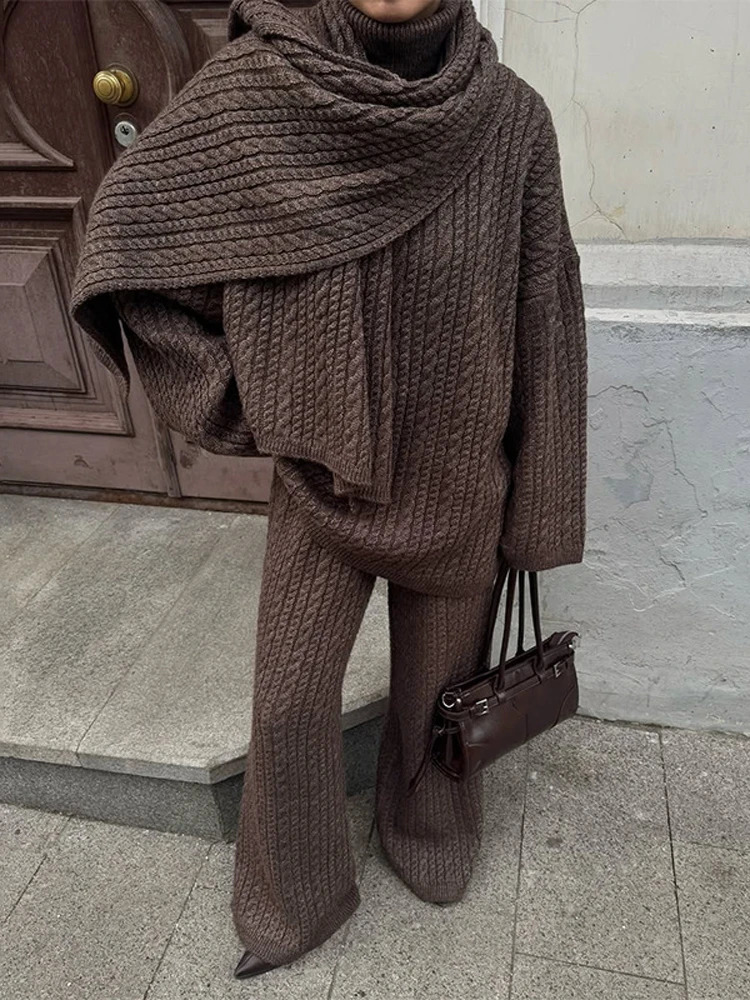 Solid Knitted Sweater Pants 2 Piece Suit 2026 Women Elegant High Collar Pullover Loose Trousers Set Autumn Winter Female Outfits 251225