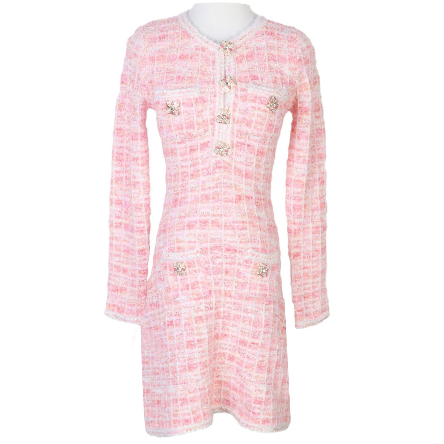 Urban Sexy Little Lady Dress - Social Elite Elegant And Sweet Age-reducing Pink Check Pattern Round-neck Knitted Dress 2026 Autumn New French Style.