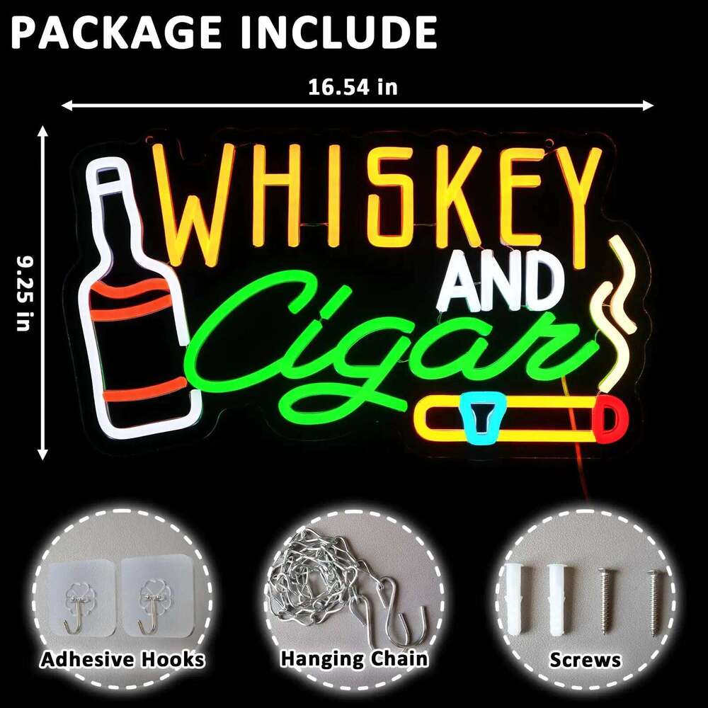 Whiskey Cigar Neon Sign with Dimmable Switch LED Light Up for Wall Lounge Home Pub Bar Man Cave Wine Cellar Hotel Decor 26T0104