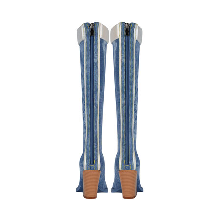 Chengdu Craftsmanship Washed Denim Western Boots 8.5cm Wedge Heel Lace Up Knee High Boots
