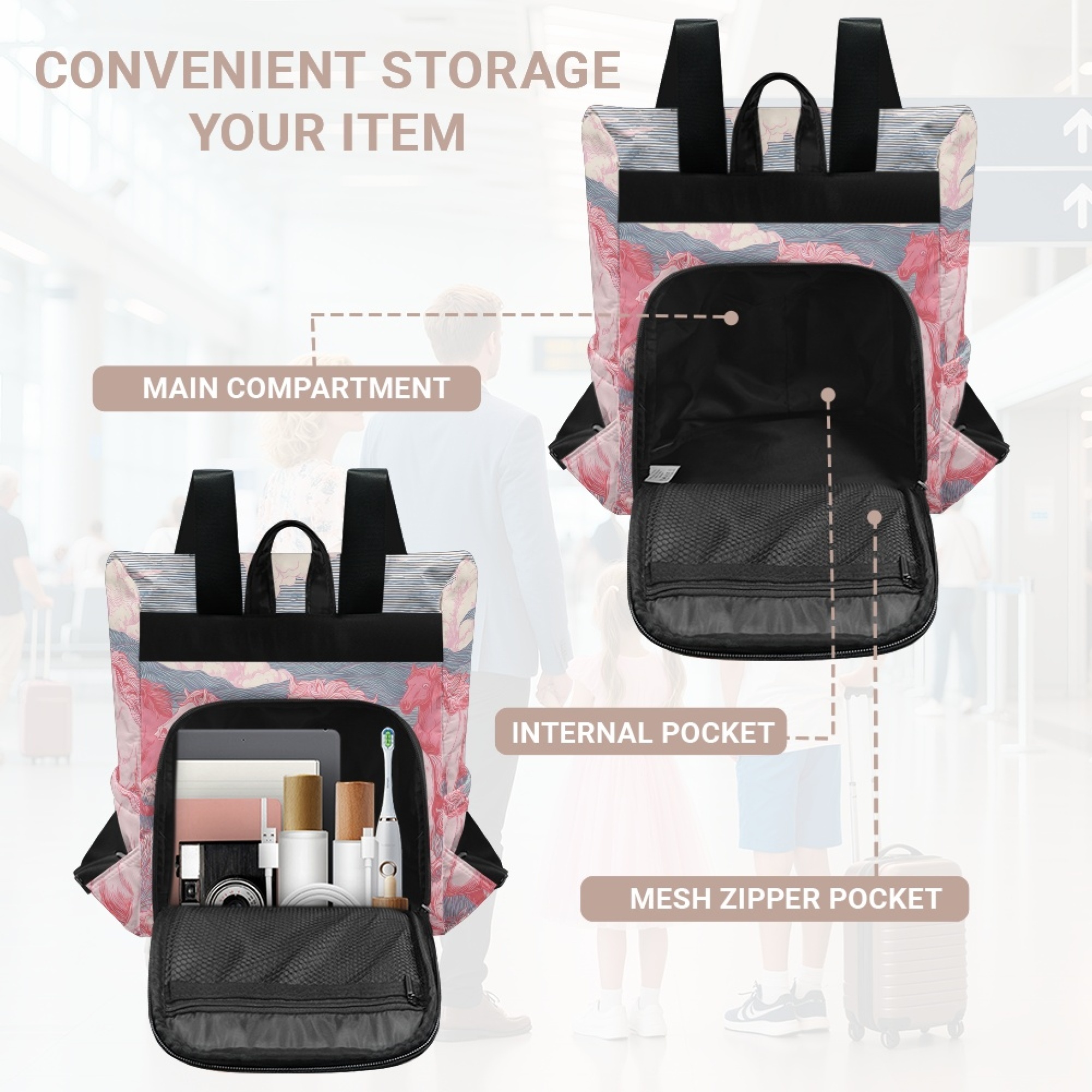 Custom H Designer Fashion Anti Theft Backpack Luxury Horse Pattern Unisex Full Print Backpack Laptop Bag Travel Bag H48