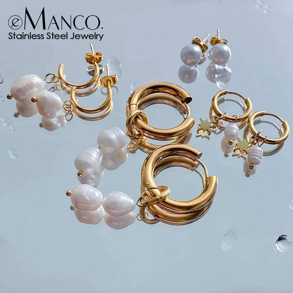 eManco Stainless Steel Women's Chain Drop Pierced Jewelry Set Gift Wholesale Freshwater Pearl Earrings
