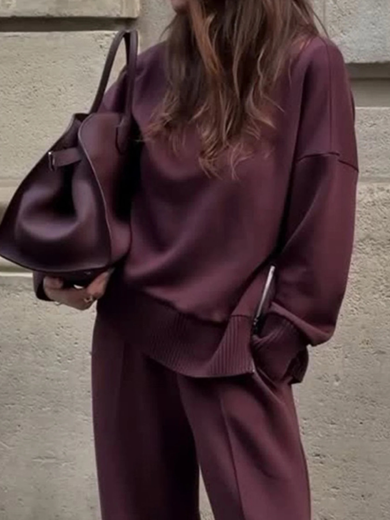 Womens Suede TwoPiece Set LongSleeved Slit Hoodie and WideLeg Pants Suitable for Autumn Winter Seasons 251225