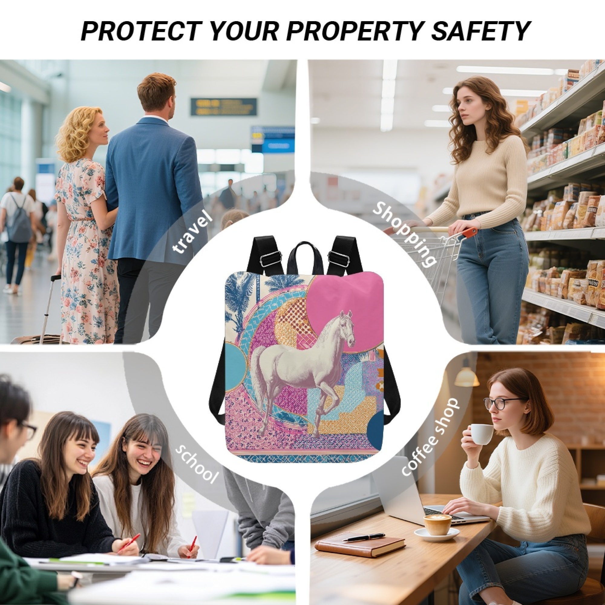 Custom H Designer Fashion Anti Theft Backpack Luxury Horse Pattern Unisex Full Print Backpack Laptop Bag Travel Bag H61