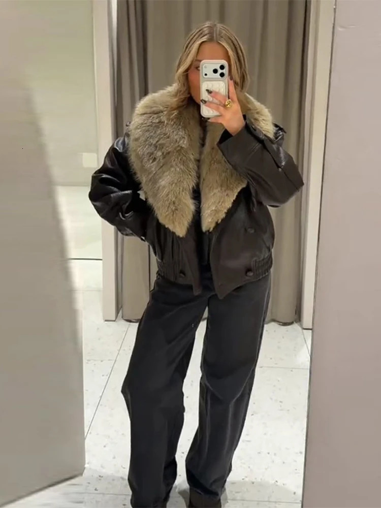 Fashion PU Leather Short Jacket Women Fur Collar Contrast Doublebreasted Warm Coat Female 2025 Autumn Winter Outwears 251216