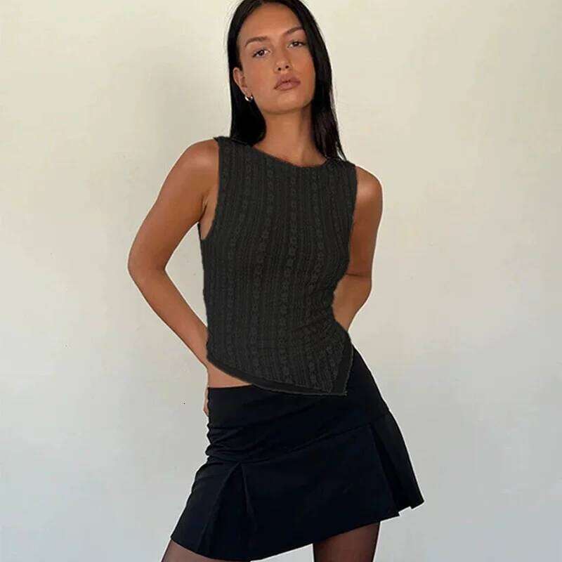 Women's T-shirt, monochrome irregular sleeveless basic vest, Gothic casual club aesthetic clothing, streetwear