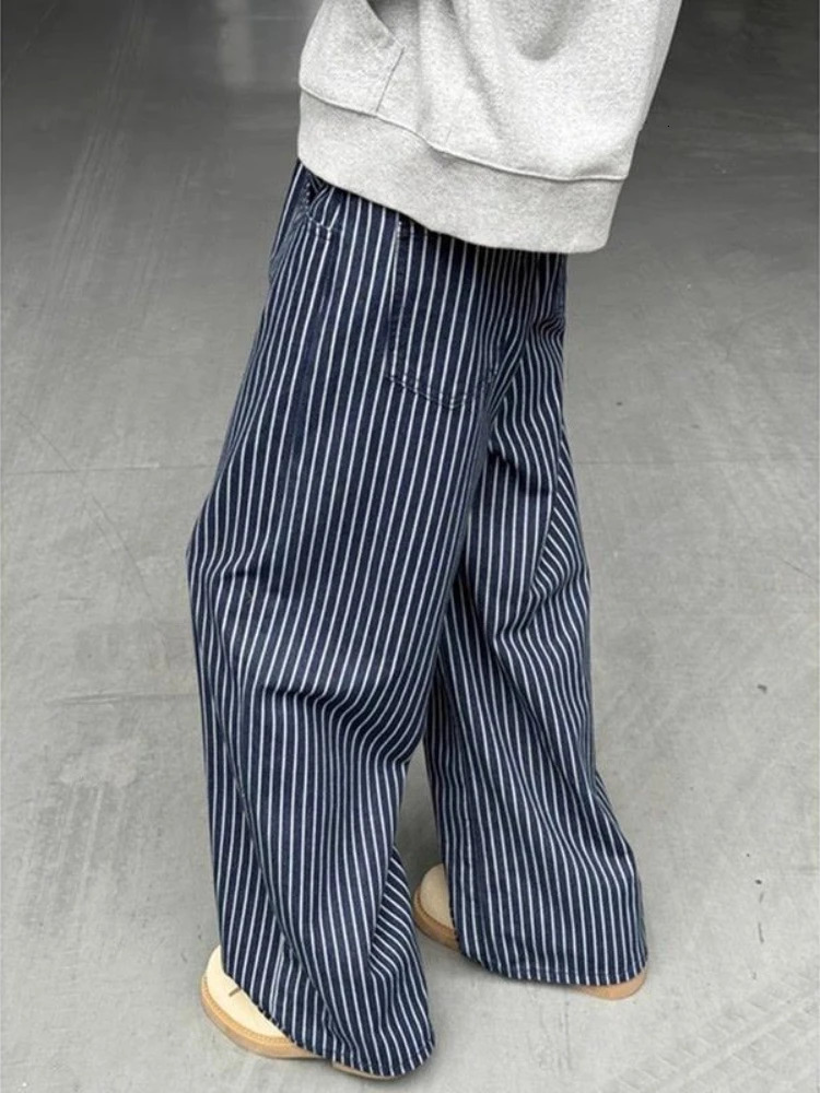 HOUZHOU Vintage Blue Striped Jeans Women Y2k Hip Hop Grunge Straight Denim Trousers Punk High Waist Streetwear Wide Leg Jeans 251225
