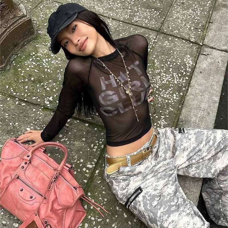 Autumn new letter mesh see through crop top, round neck long sleeved printed T-shirt, street wear