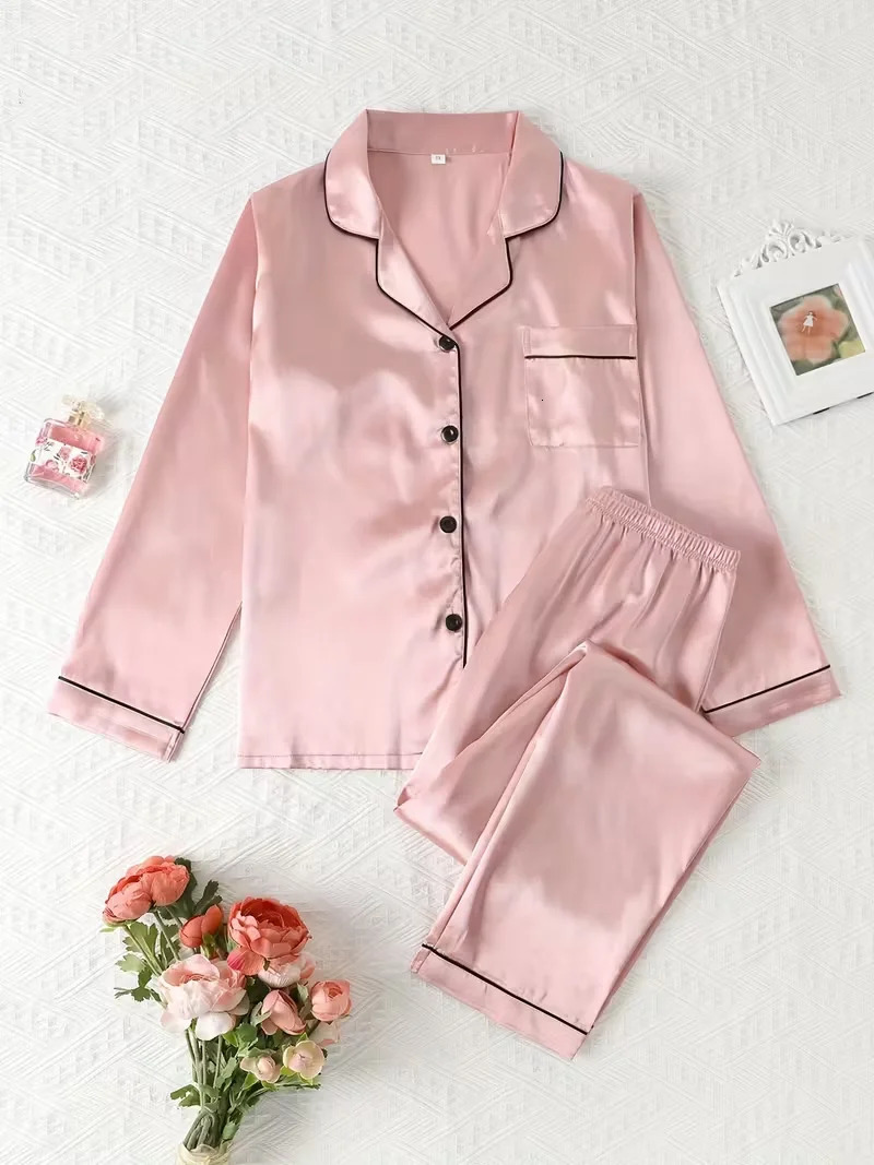 Women Autumn Winter Silk Pajamas Set Casual Soft Breathable and Relaxed Fit Long Shirt Tops Pants Sleepwear 251231