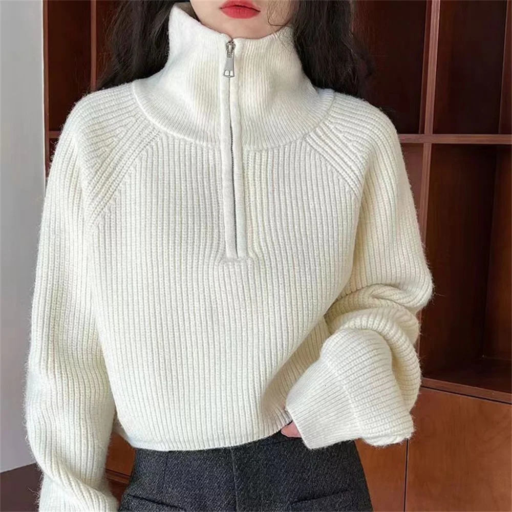 2026 Sweater Pullover Women Autumn Winter Korean Zipper Loose Style Sweater Female Tops Solid Color Pullovers 251224