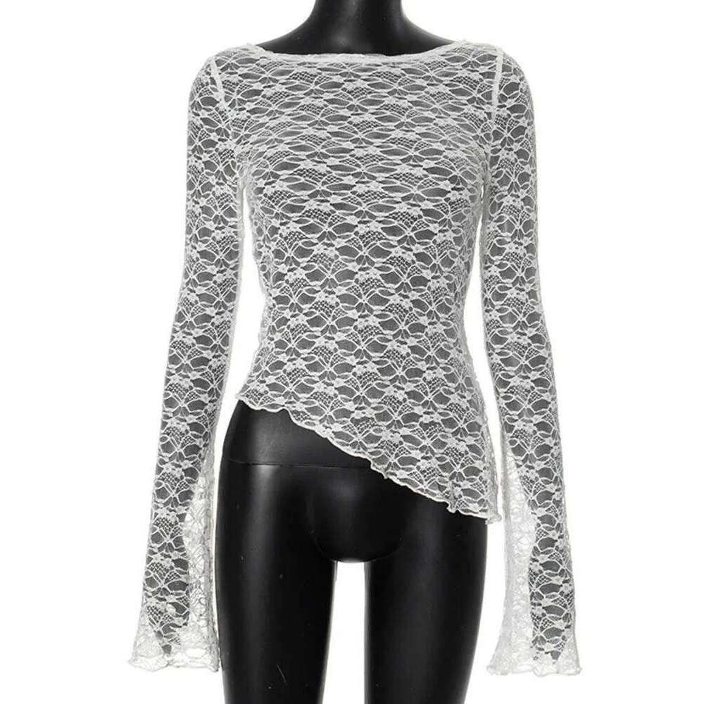 European and American women's lace slanted hem sexy long sleeved T-shirt top