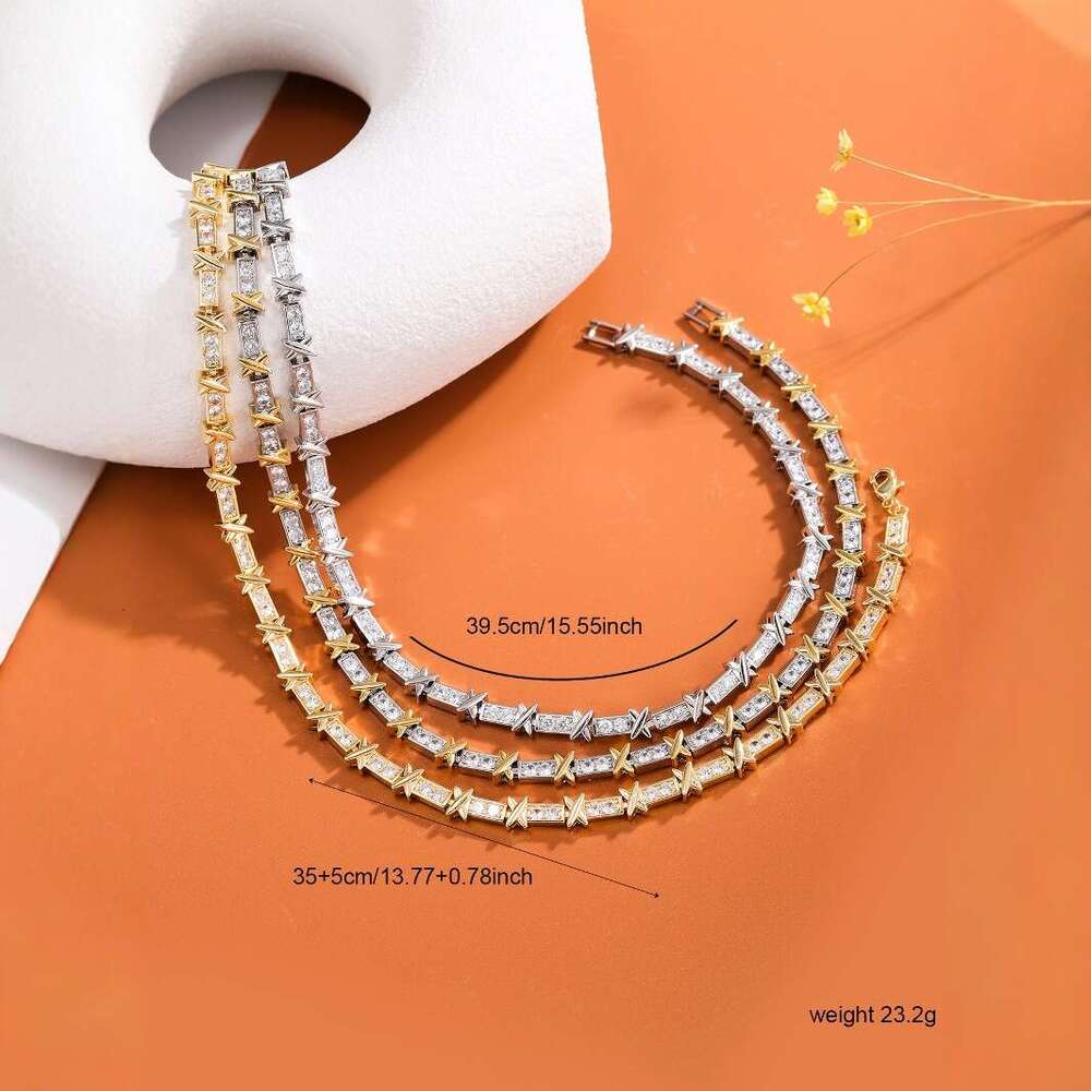 T Brand Light Luxury Inlaid Zircon Full Diamond Necklace Set Design Sense Gold and Silver Color Block Letter X Collarbone Chain