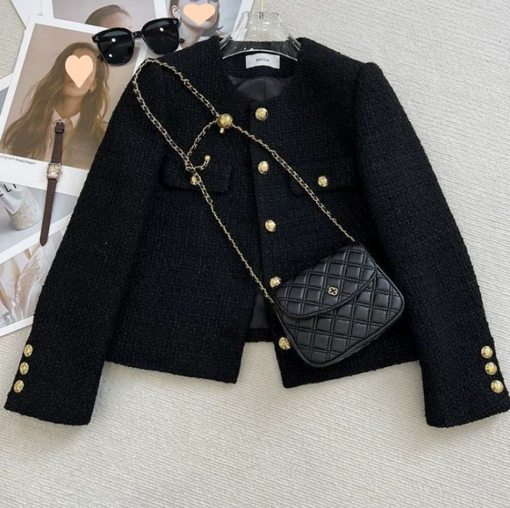 2026 Spring and Autumn New Style High end Round Neck Small Fragrant Style Short Coat for Women Small and Tall Exquisite French Coarse Hemp