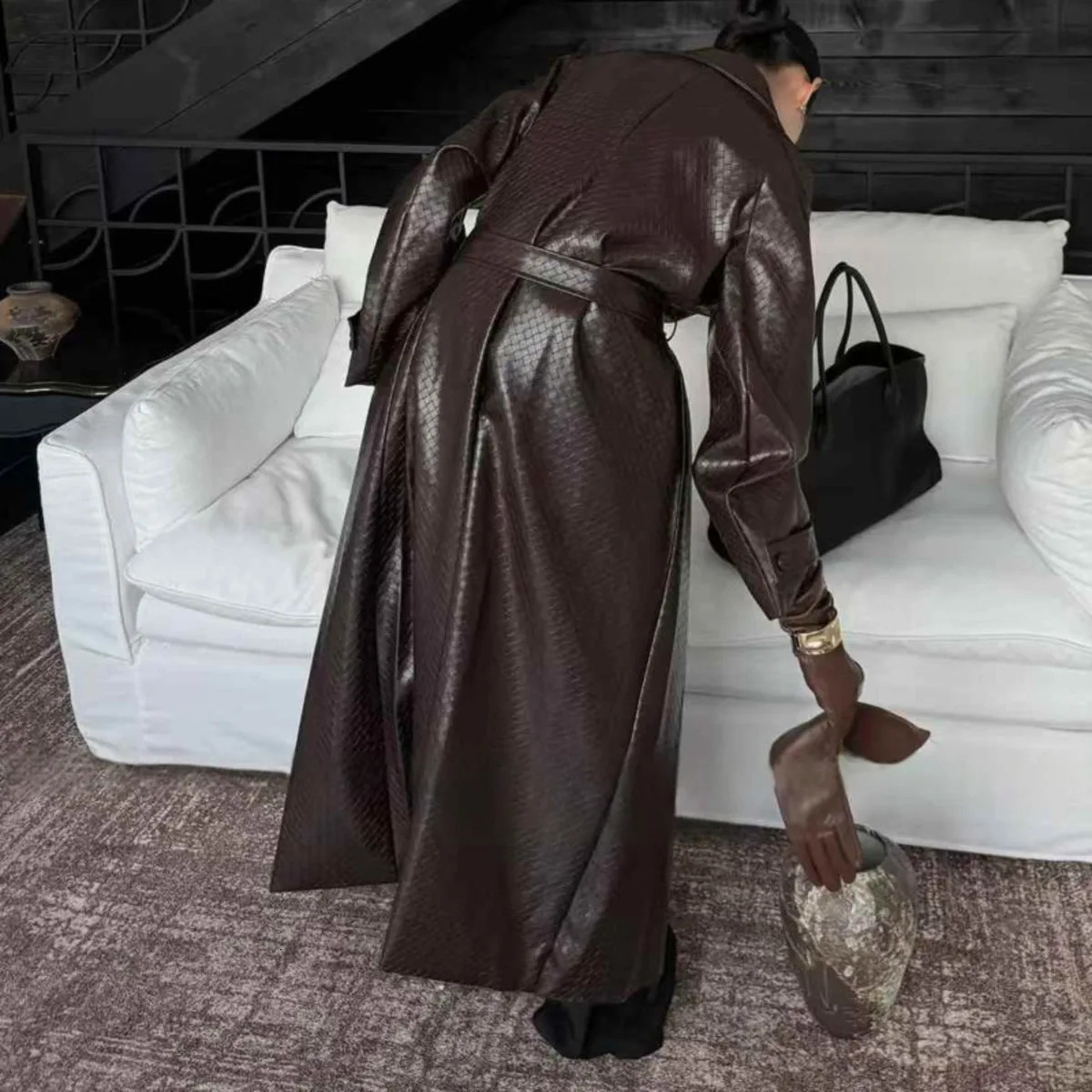 KWTX 2025 Womens Long Faux Leather Trench Coat Belted with Pockets Lapel Vintage Casual Trendy Spring Autumn Comfortable 251231