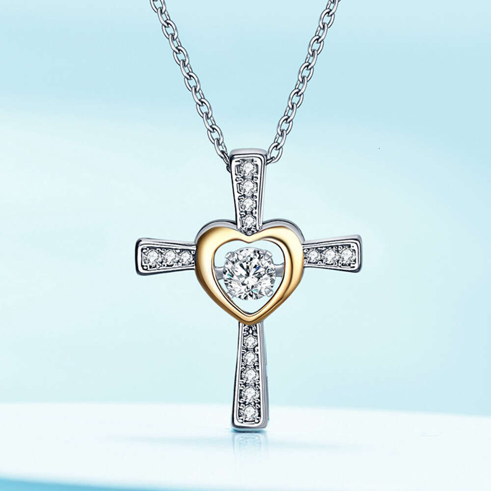 Hot Sale S925 Silver Beating Heart Cross Necklace for Women Heart-Shaped Collarbone Sweater Chain
