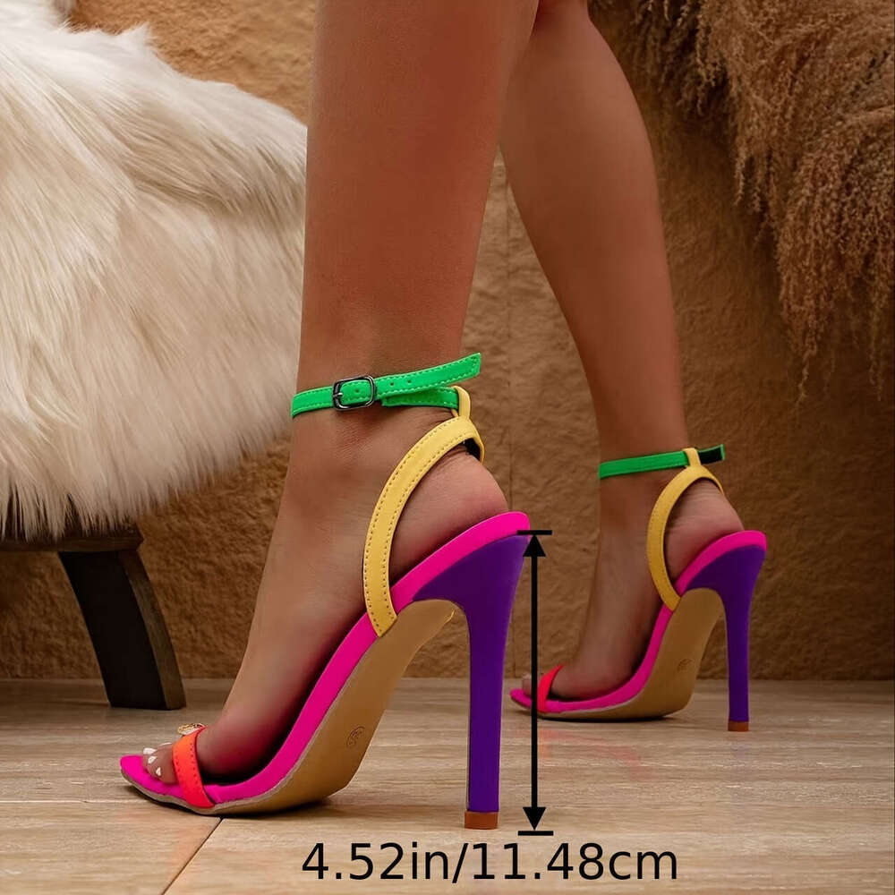 Women S Fashion Evening Party Pointed Toe Open Toe Rose Red Orange Green Yellow Purple Multi Color Patchwork Ankle Strap High Heel Sandals MOJIDASHU
