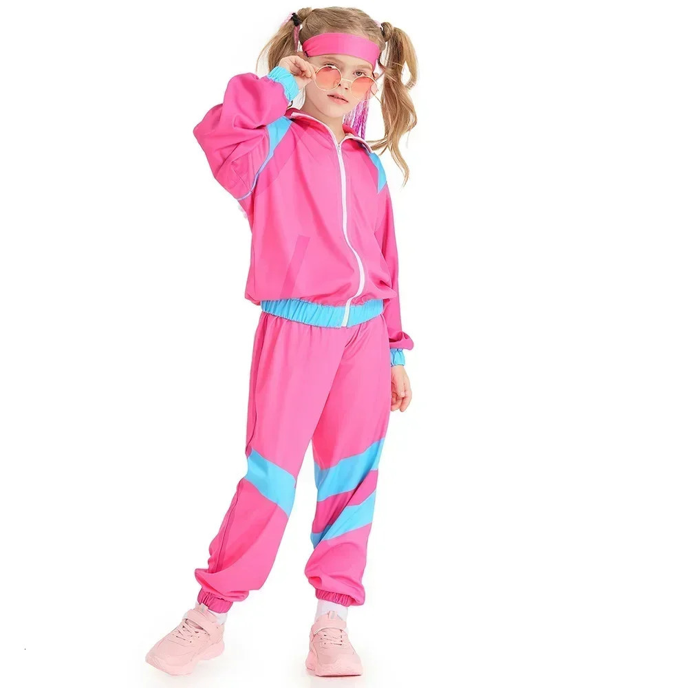 Boys and Girls 80s Tracksuit Hip Hop Costume Top Pants Sets Outfit Retro Disco Dance Sportswear Blue Pink Baseball Uniform 251231