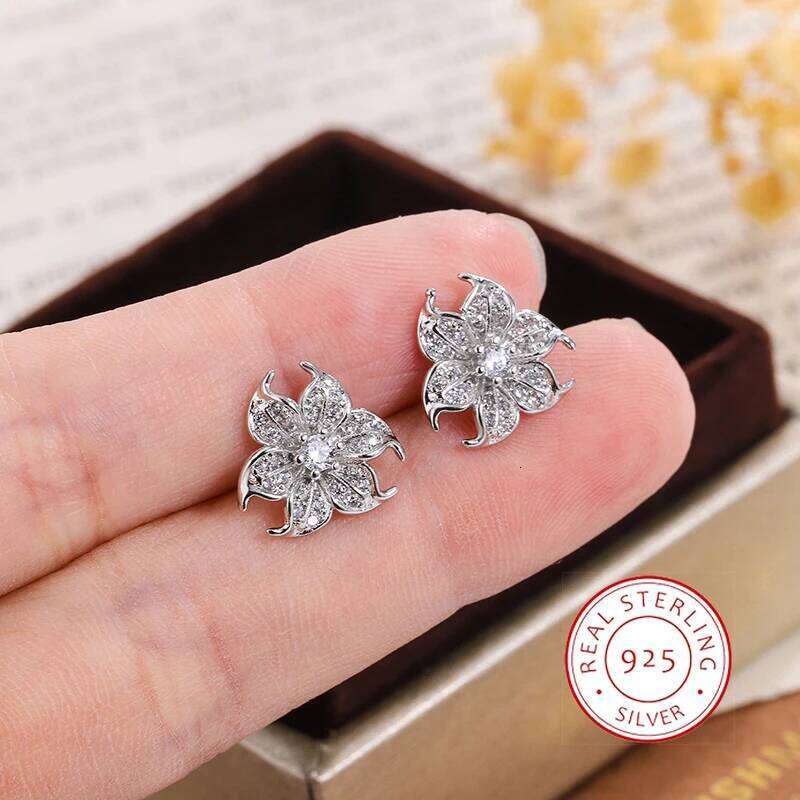Charming Flower 925 Silver Plated Earring for Women Paved Shiny Clear CZ Wedding Engagement Jewelry Statement Accessories