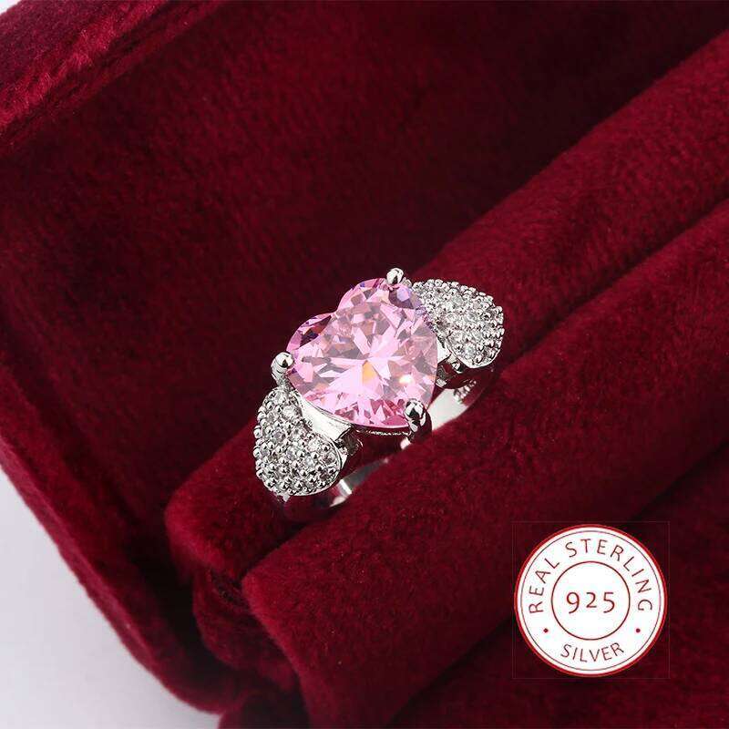 925 Silver Jewelry Micro Zircon Pink Diamond Heart Adjustable Party Gift Wedding Ring