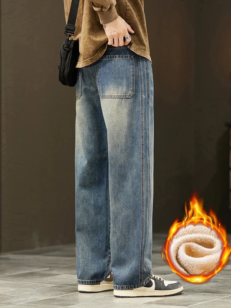 Winter Warm Fleece Jeans Mens Thickened Loose Wideleg Denim Pants Vintage Wash Casual Straight Velvet Trousers Streetwear 251226